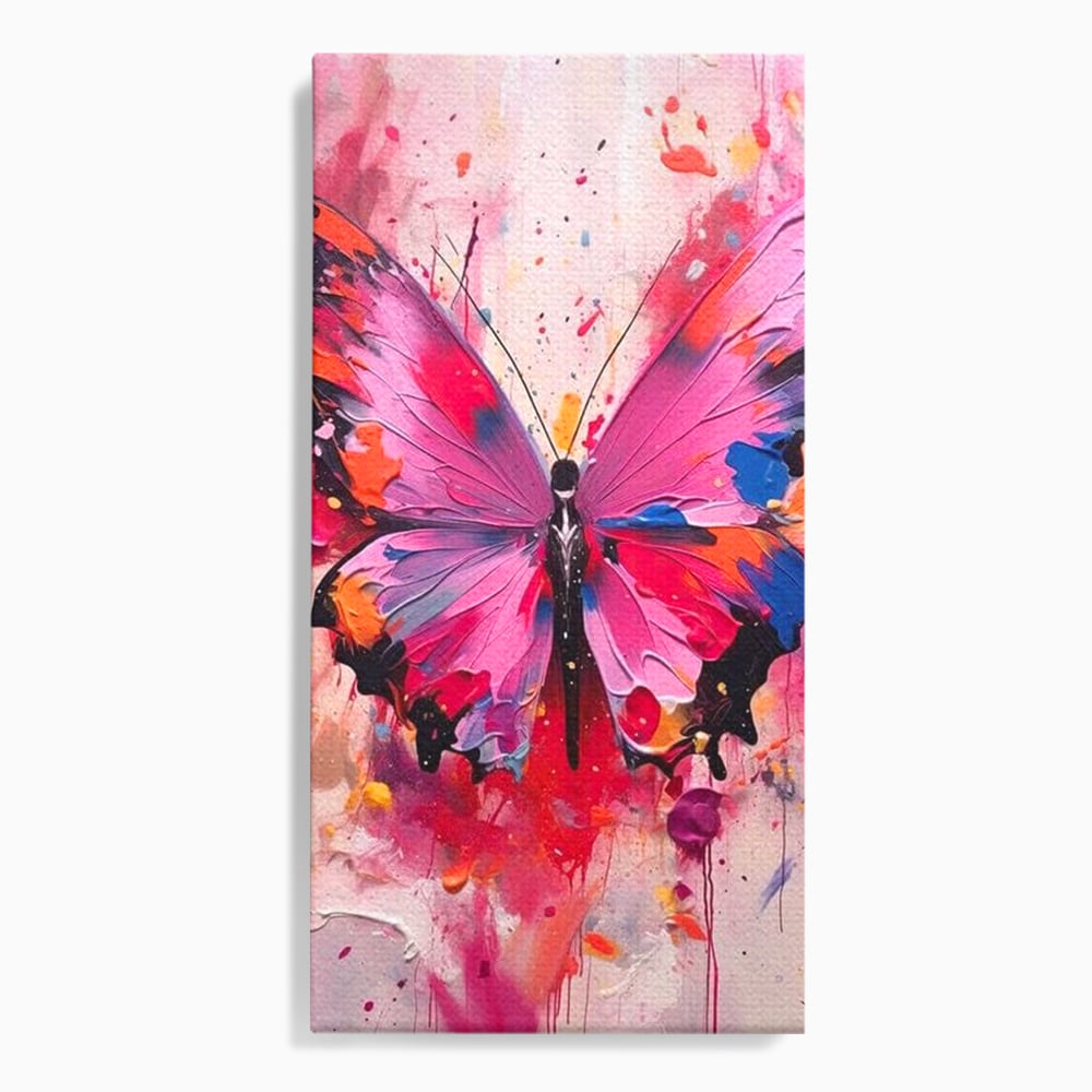 Tablou canvas cu pictura digitala cu fluture roz, fara rama, pe sasiu de lemn