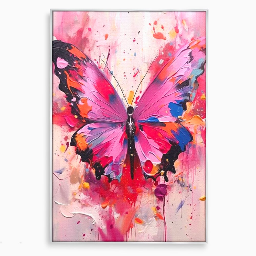 Tablou canvas cu pictura digitala cu fluture roz, in rama de aluminiu argintiu