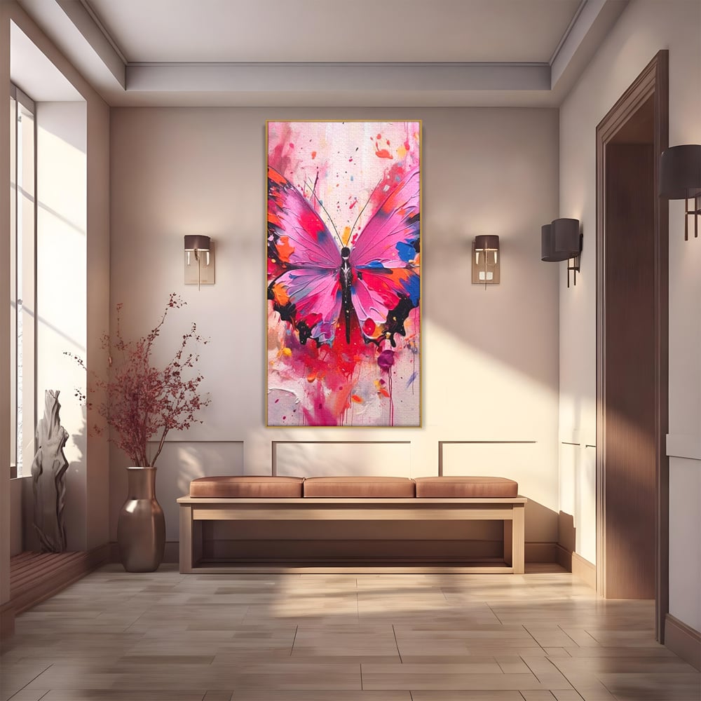 Tablou canvas cu pictura digitala cu fluture roz, in rama de aluminiu auriu