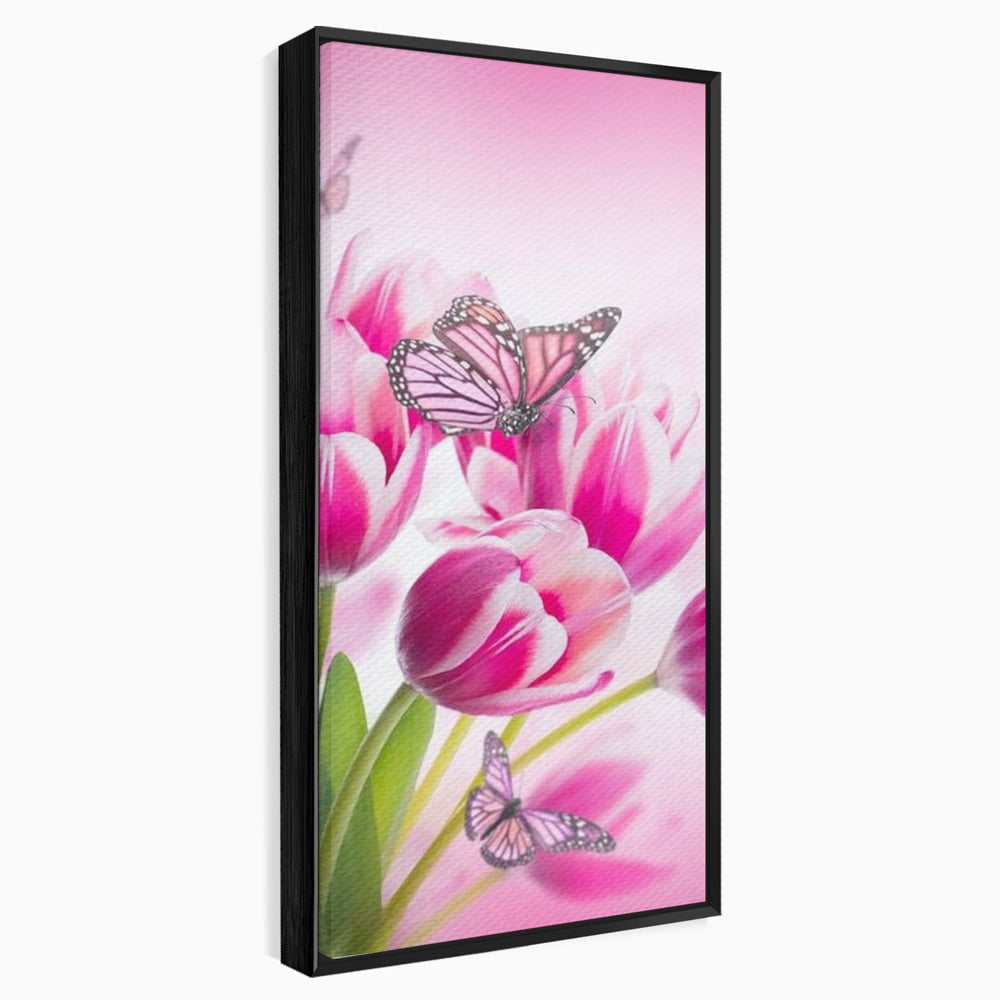 Tablou canvas cu tablou canvas cu lalele roz si fluturi, in rama de aluminiu negru