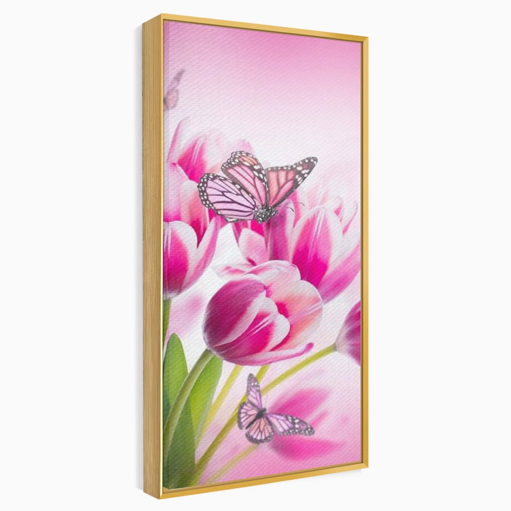 Tablou canvas cu tablou canvas cu lalele roz si fluturi, in rama de aluminiu auriu