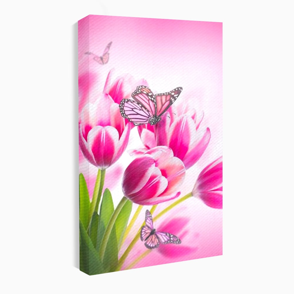 Tablou canvas cu tablou canvas cu lalele roz si fluturi, fara rama, pe sasiu de lemn