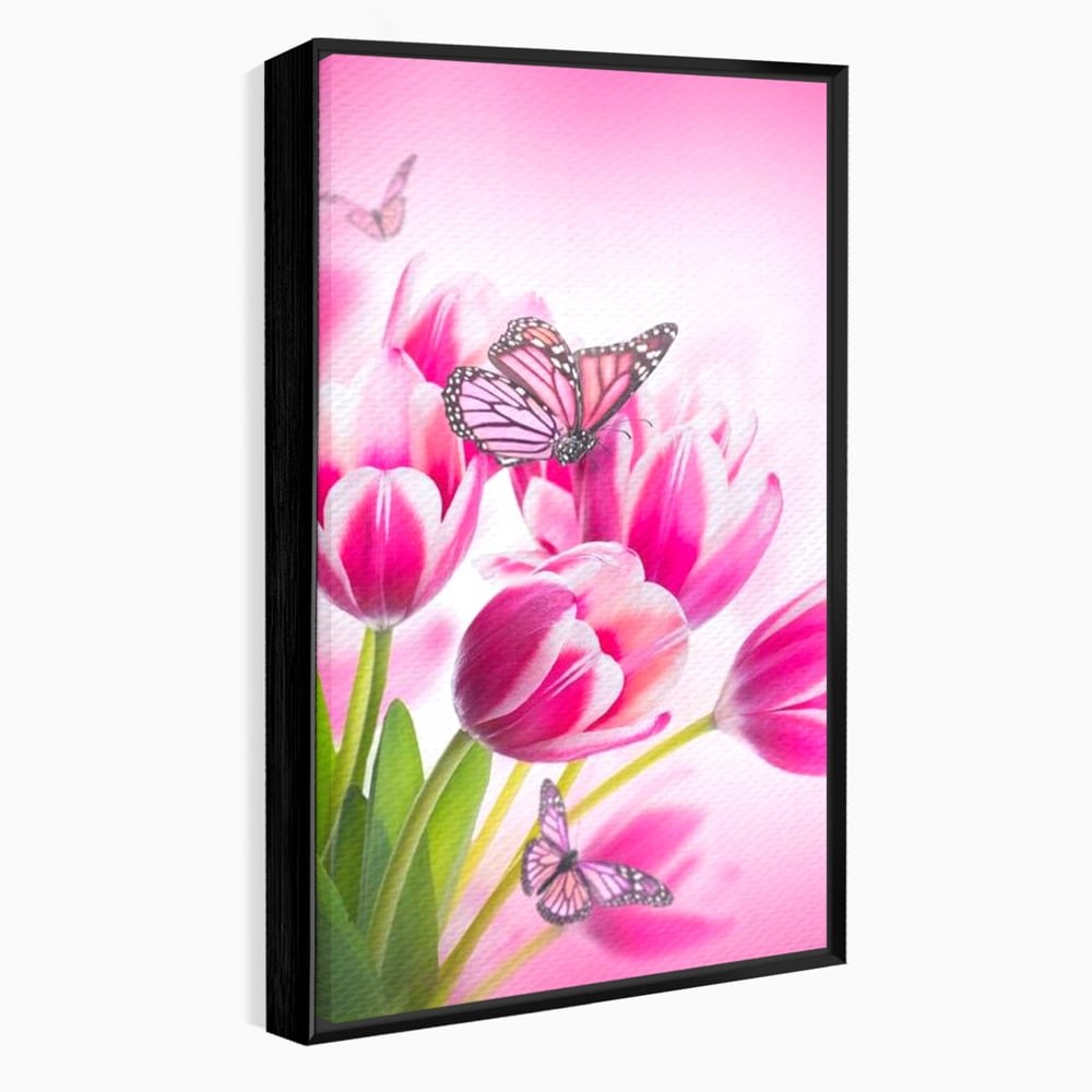 Tablou canvas cu tablou canvas cu lalele roz si fluturi, in rama de aluminiu negru