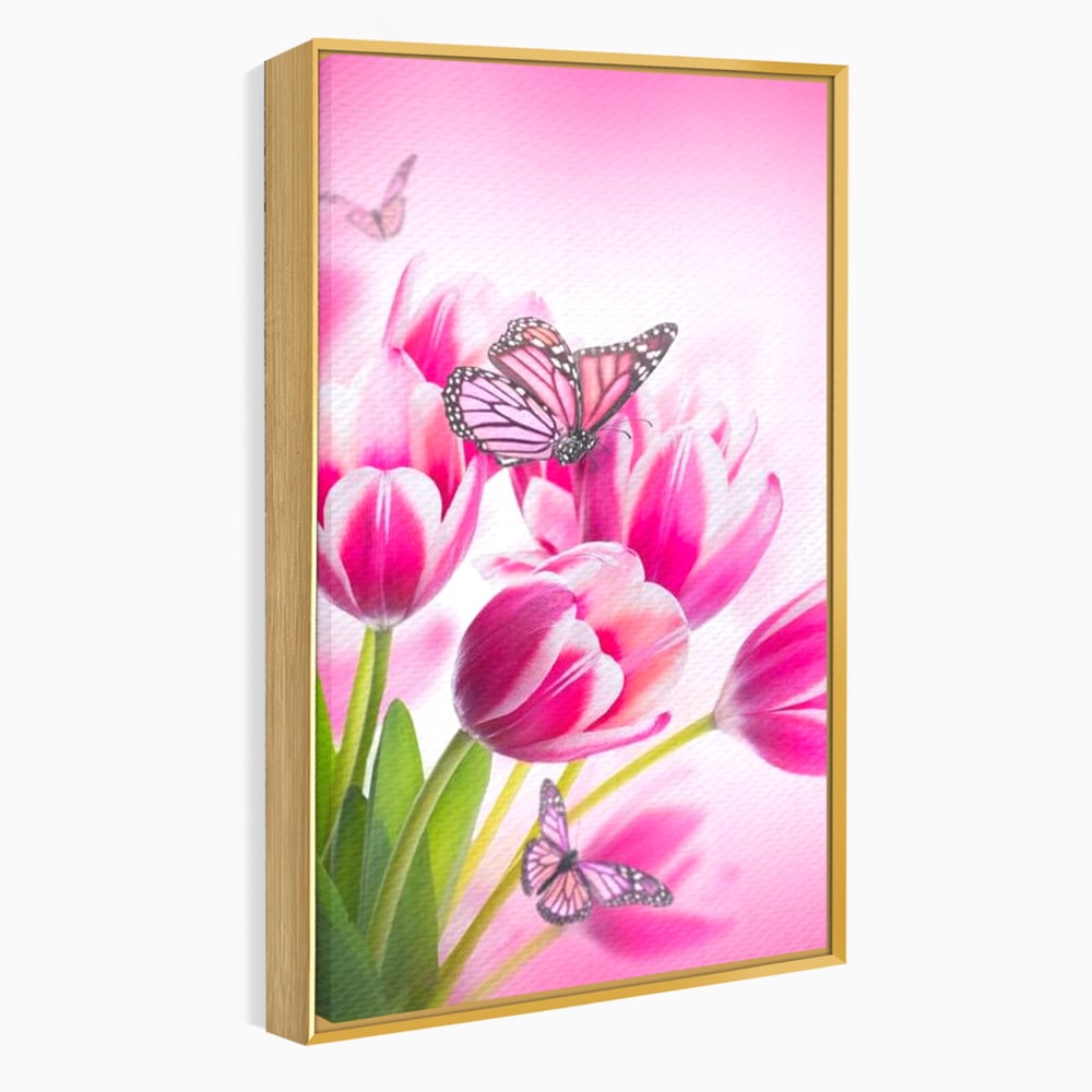 Tablou canvas cu tablou canvas cu lalele roz si fluturi, in rama de aluminiu auriu