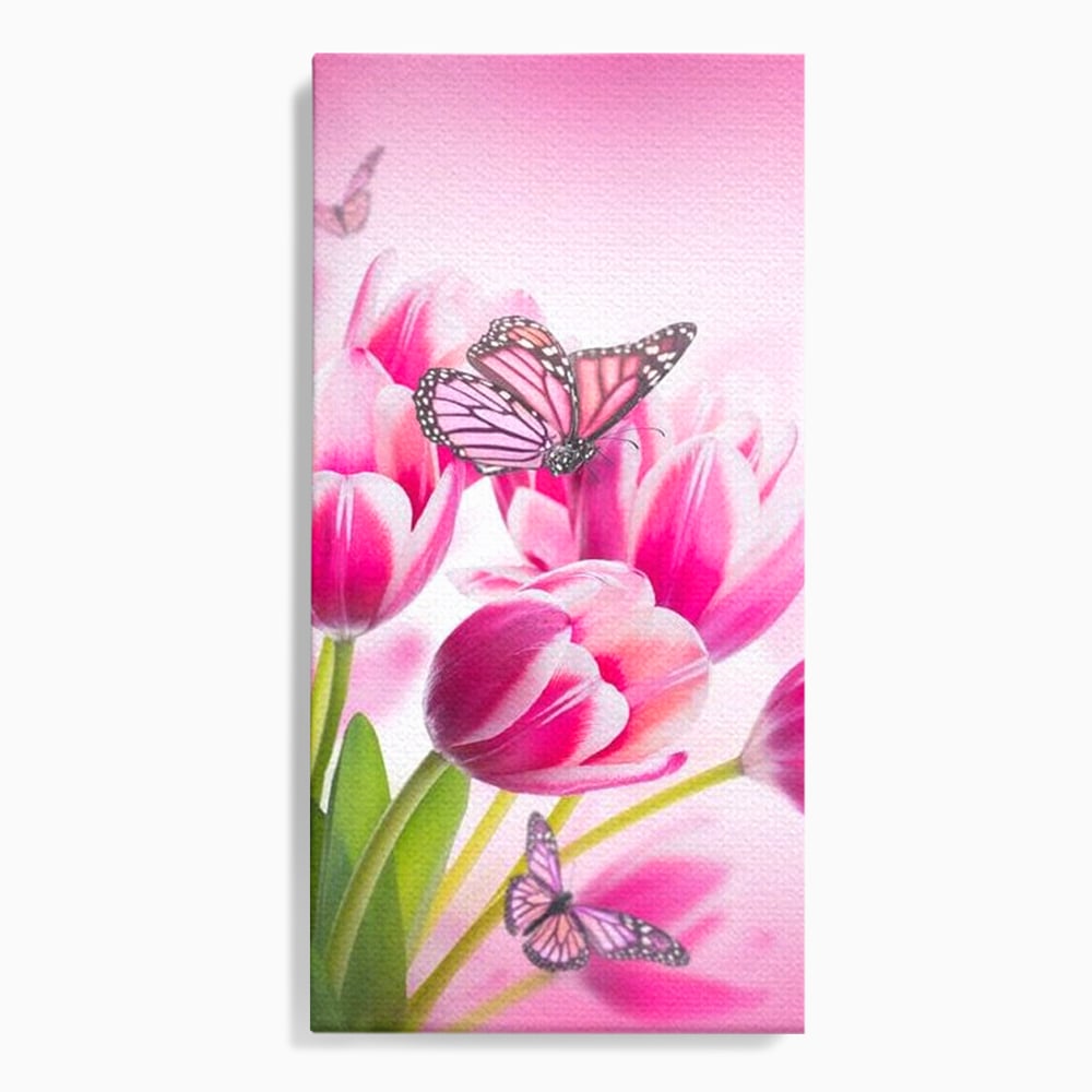 Tablou canvas cu tablou canvas cu lalele roz si fluturi, fara rama, pe sasiu de lemn