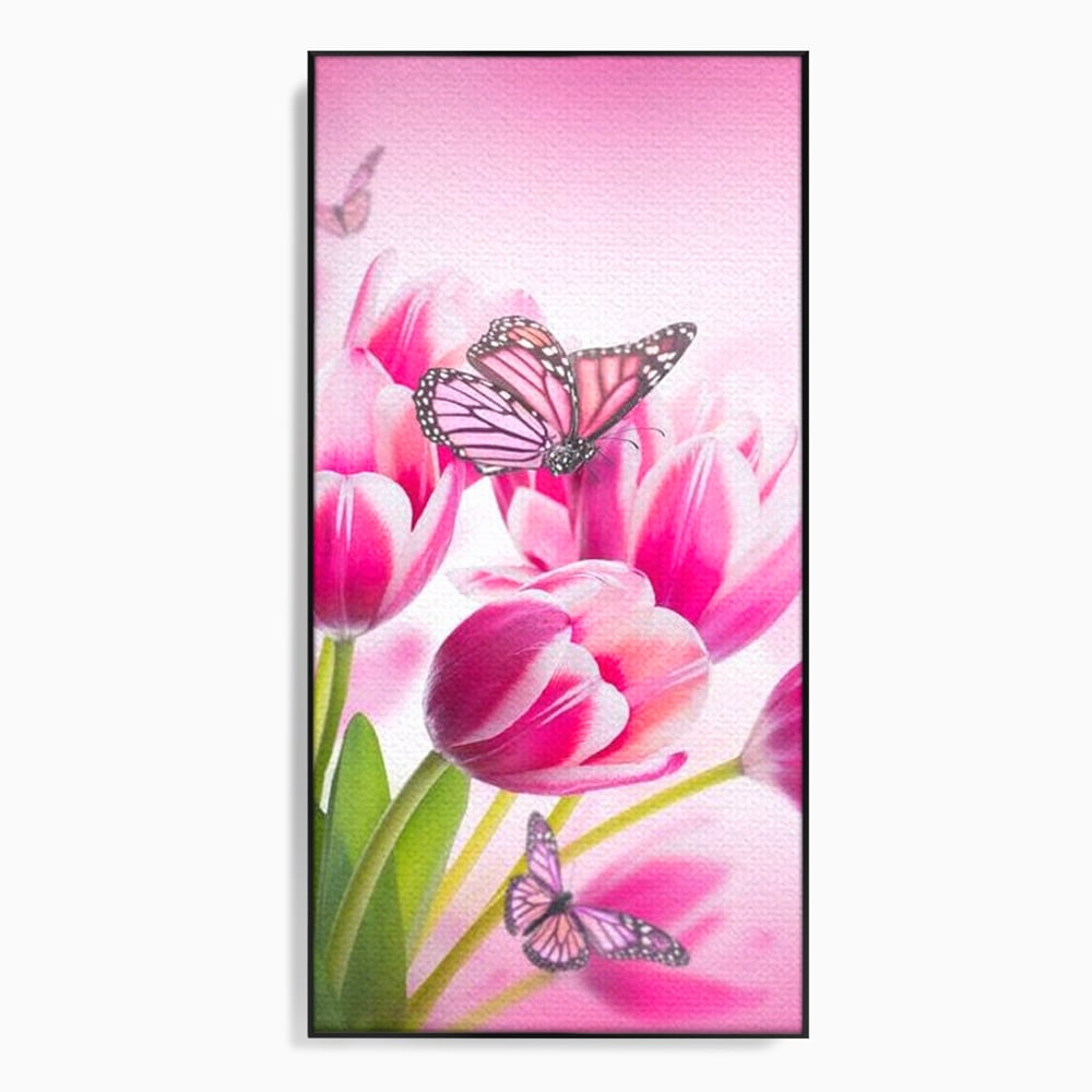 Tablou canvas cu tablou canvas cu lalele roz si fluturi, in rama de aluminiu negru