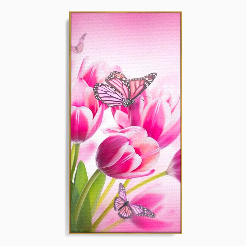 Tablou canvas cu tablou canvas cu lalele roz si fluturi, in rama de aluminiu auriu