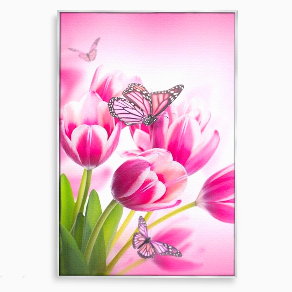 Tablou canvas cu tablou canvas cu lalele roz si fluturi, in rama de aluminiu argintiu
