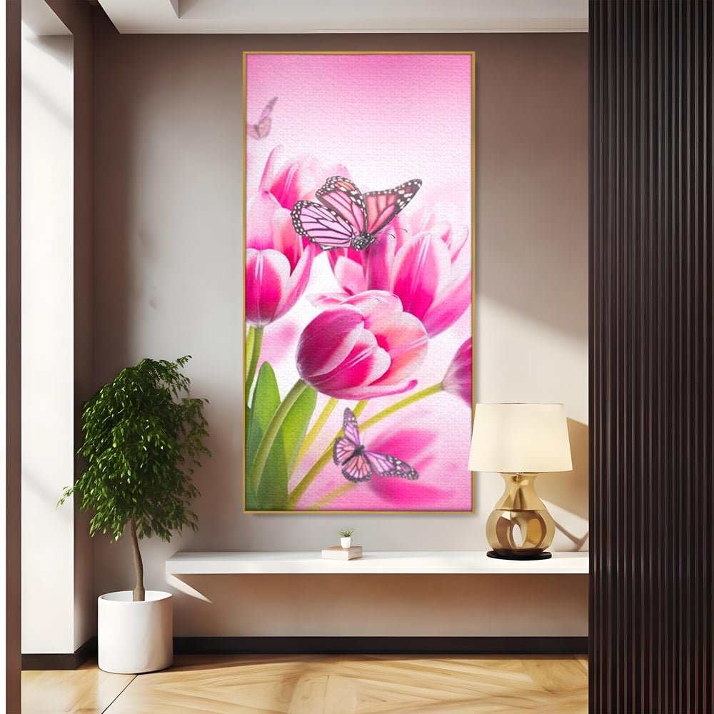 Tablou canvas cu tablou canvas cu lalele roz si fluturi, in rama de aluminiu auriu