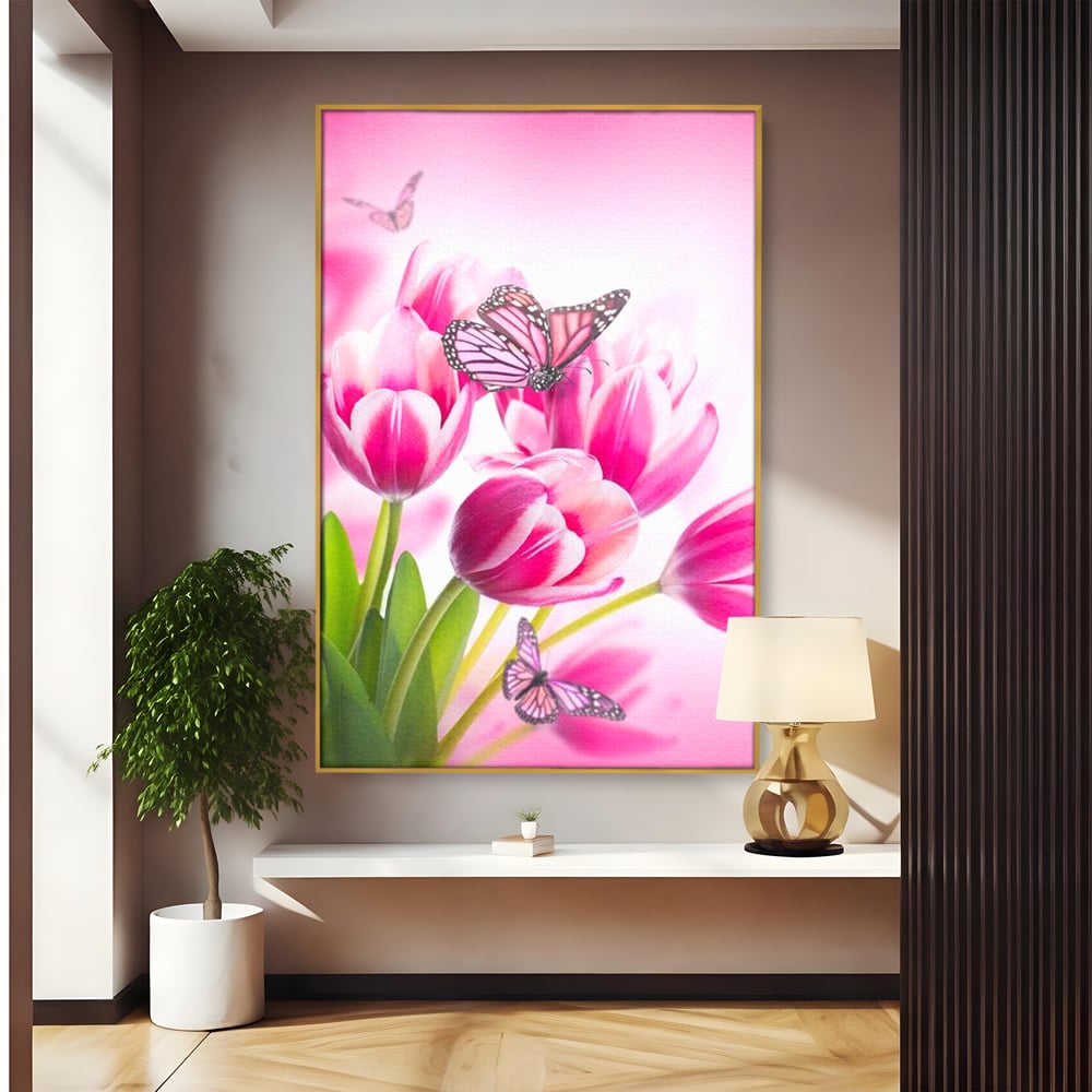 Tablou canvas cu tablou canvas cu lalele roz si fluturi, in rama de aluminiu auriu