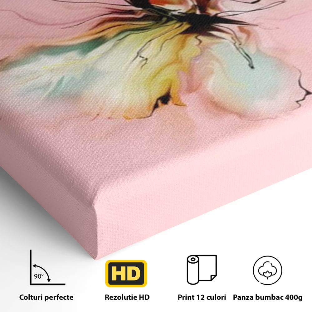 Detaliu al suprafetei: tablou canvas cu fluture in pastel, fara rama, pe sasiu de lemn