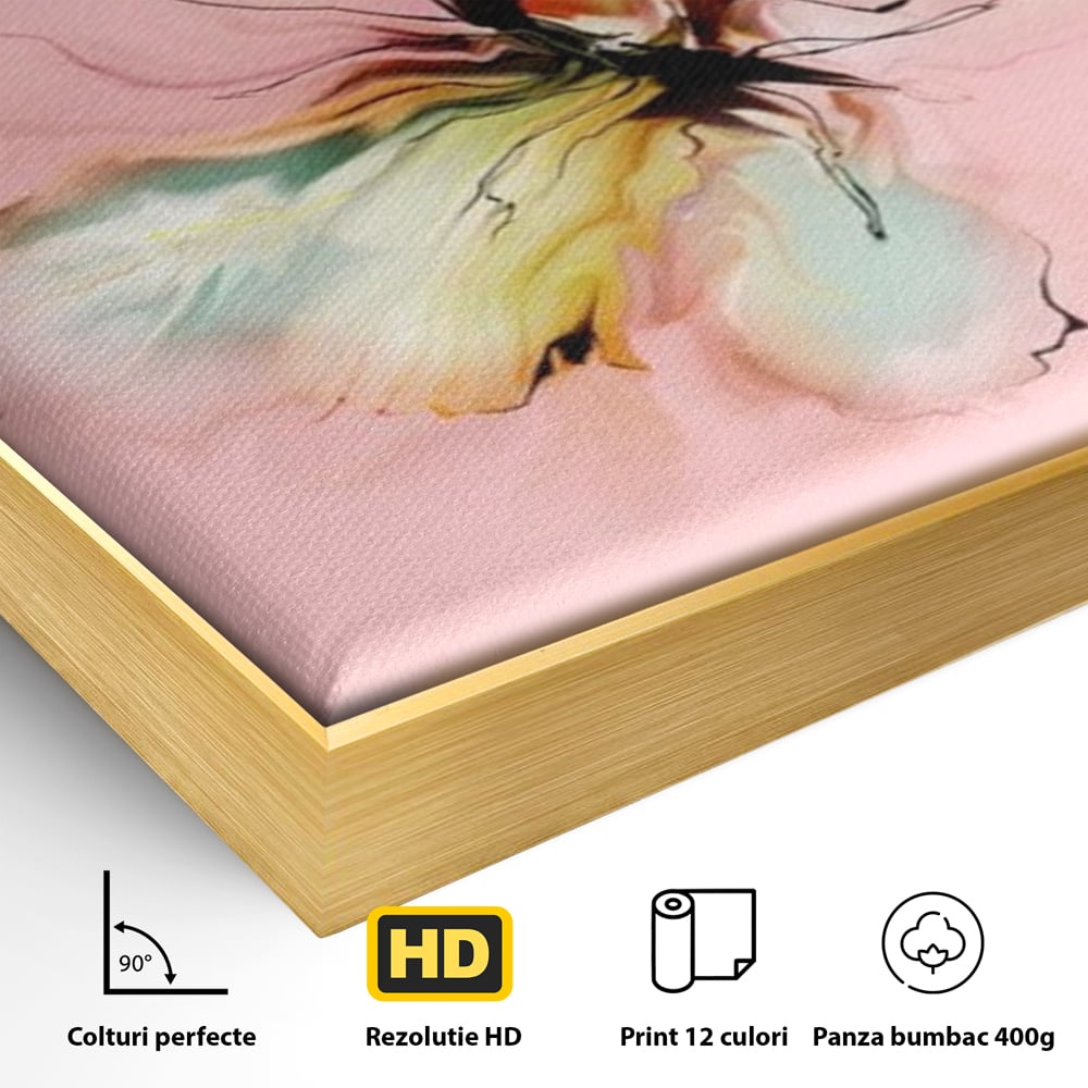 Detaliu al suprafetei: tablou canvas cu fluture in pastel, in rama de aluminiu auriu