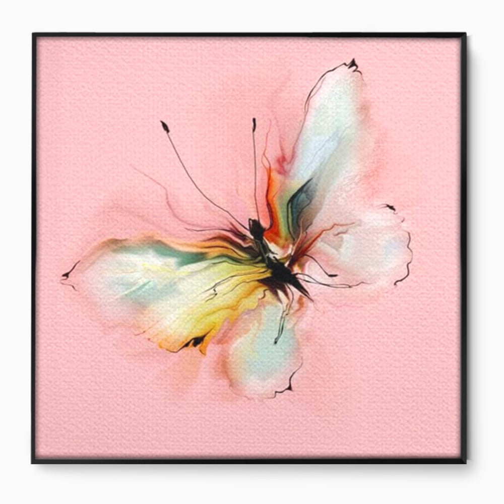 Tablou canvas cu tablou canvas cu fluture in pastel, in rama de aluminiu negru