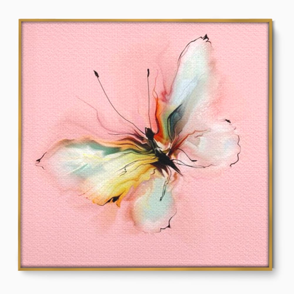Tablou canvas cu tablou canvas cu fluture in pastel, in rama de aluminiu auriu