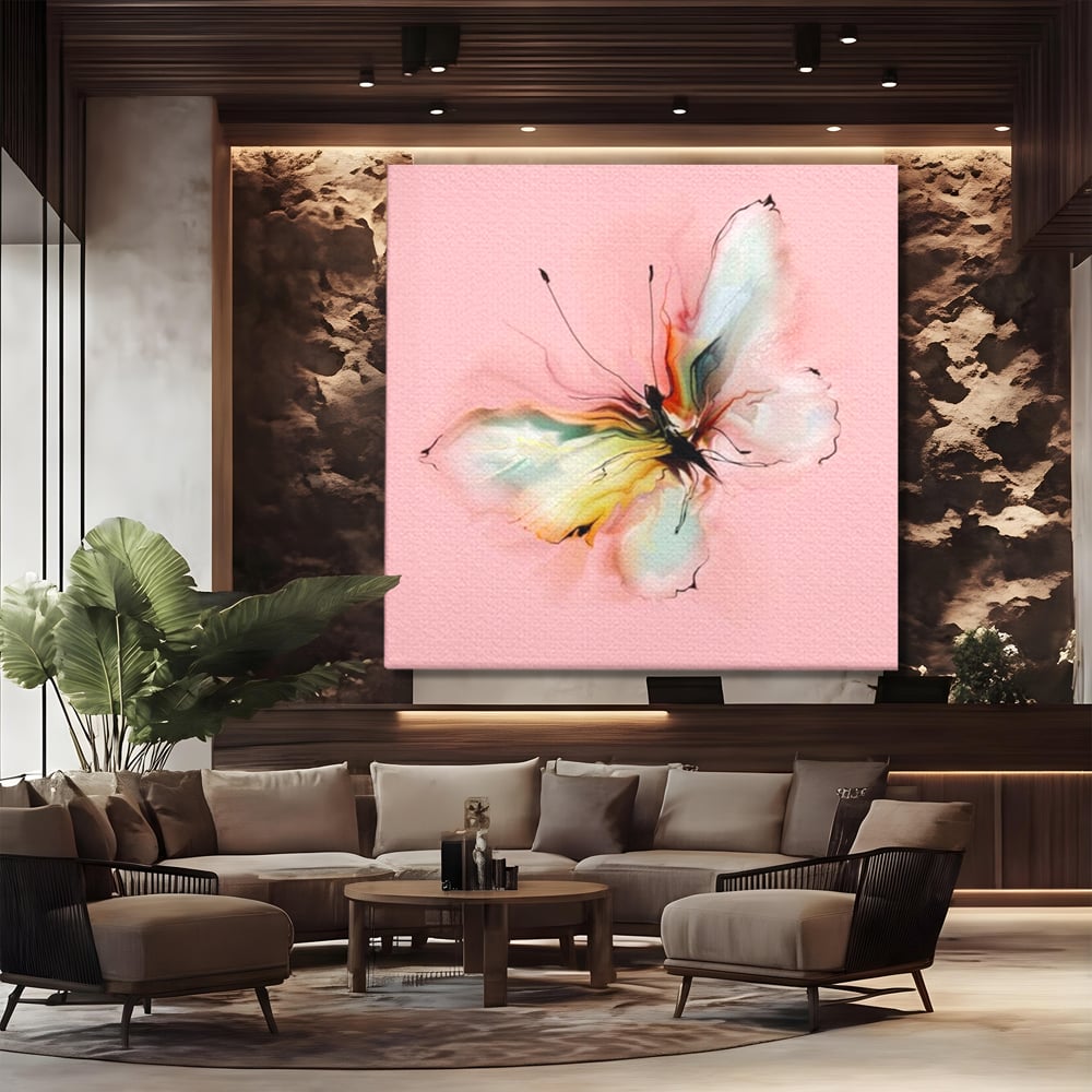 Tablou canvas cu tablou canvas cu fluture in pastel, fara rama, pe sasiu de lemn, pe perete intr-un birou