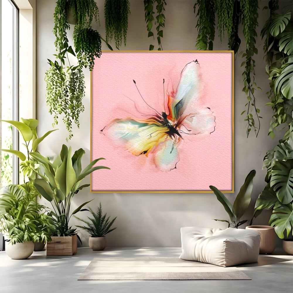 Tablou canvas cu tablou canvas cu fluture in pastel, in rama de aluminiu auriu