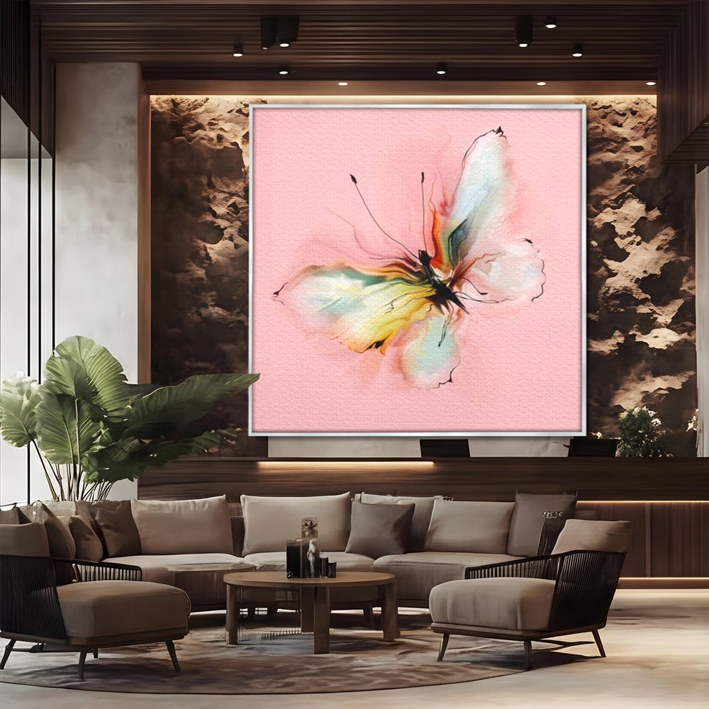 Tablou canvas cu tablou canvas cu fluture in pastel, in rama de aluminiu argintiu, pe perete intr-un birou