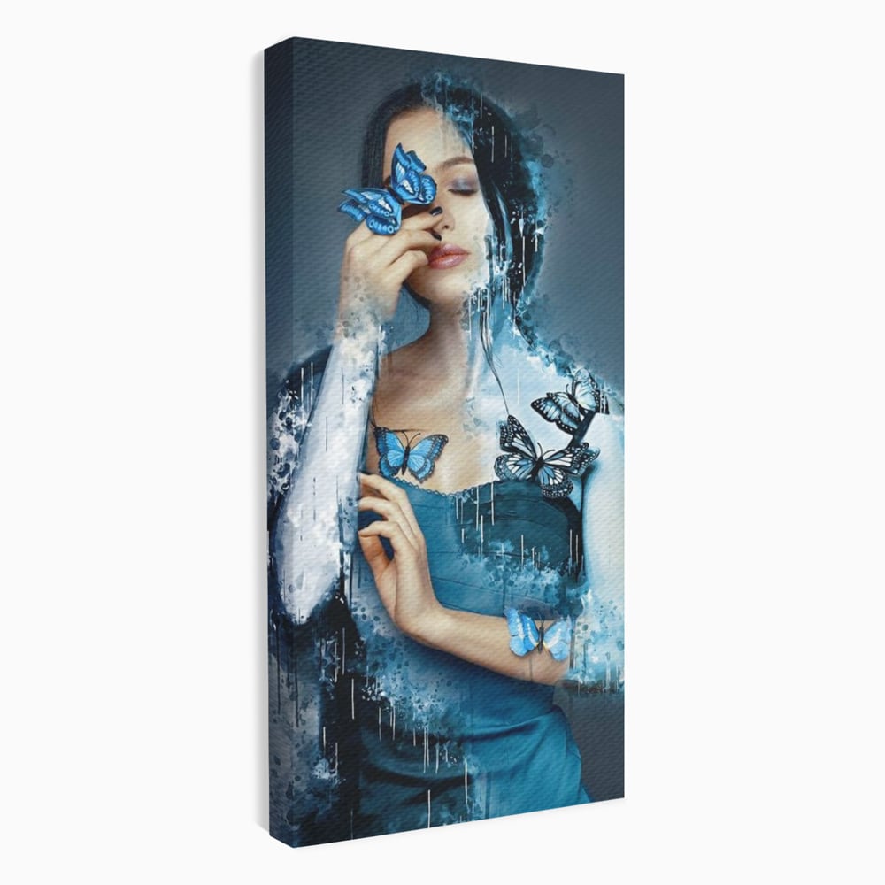 Tablou canvas cu portret feminin cu fluturi albastri, fara rama, pe sasiu de lemn