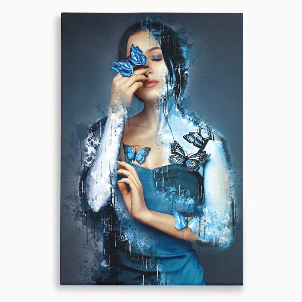Tablou canvas cu portret feminin cu fluturi albastri, fara rama, pe sasiu de lemn
