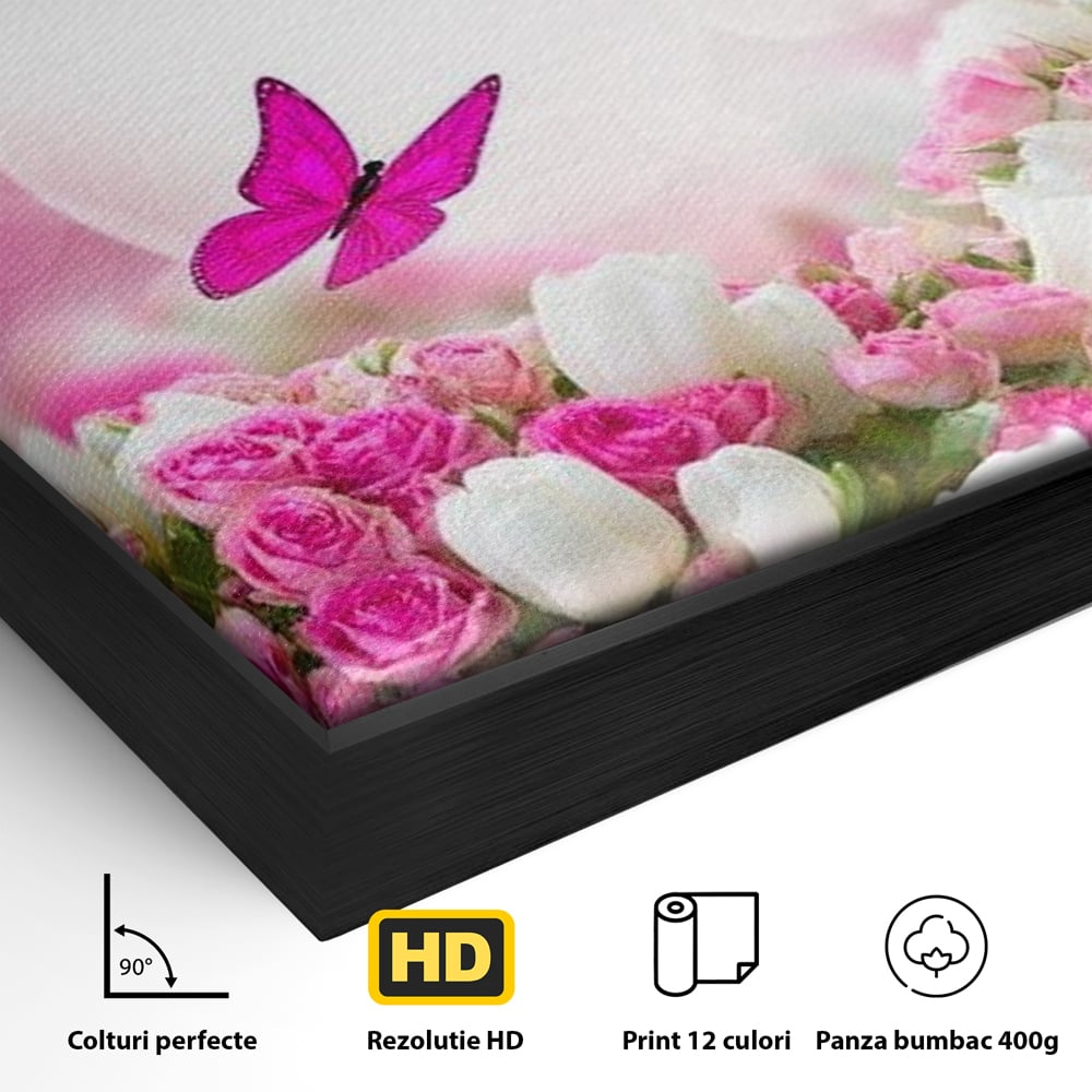 Detaliu al suprafetei: tablou canvas cu trandafiri roz si fluturi, in rama de aluminiu negru