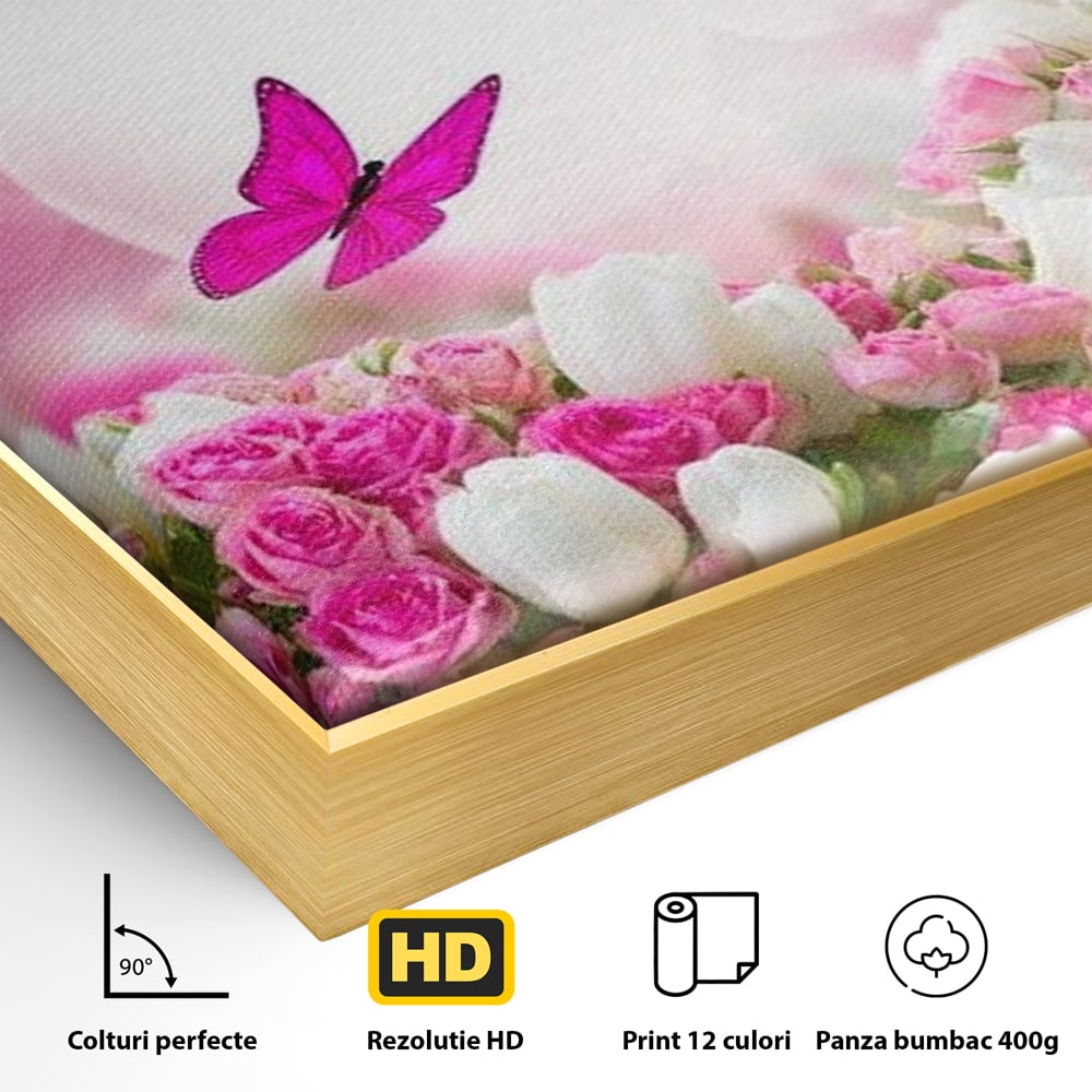 Detaliu al suprafetei: tablou canvas cu trandafiri roz si fluturi, in rama de aluminiu auriu