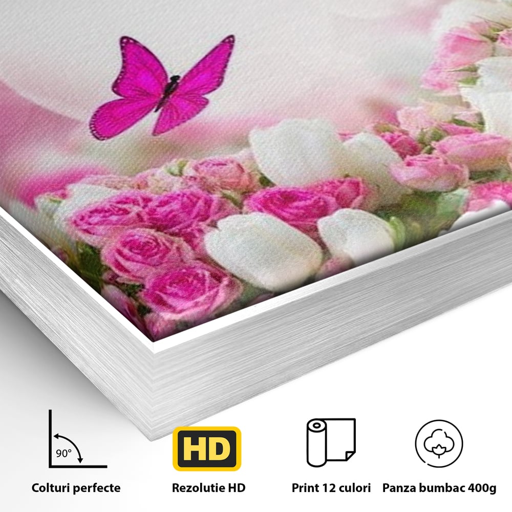 Detaliu al suprafetei: tablou canvas cu trandafiri roz si fluturi, in rama de aluminiu argintiu