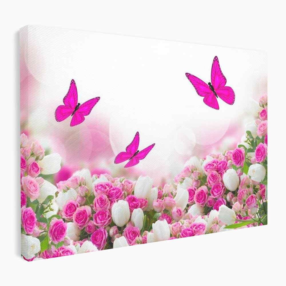 Tablou canvas cu tablou canvas cu trandafiri roz si fluturi, fara rama, pe sasiu de lemn