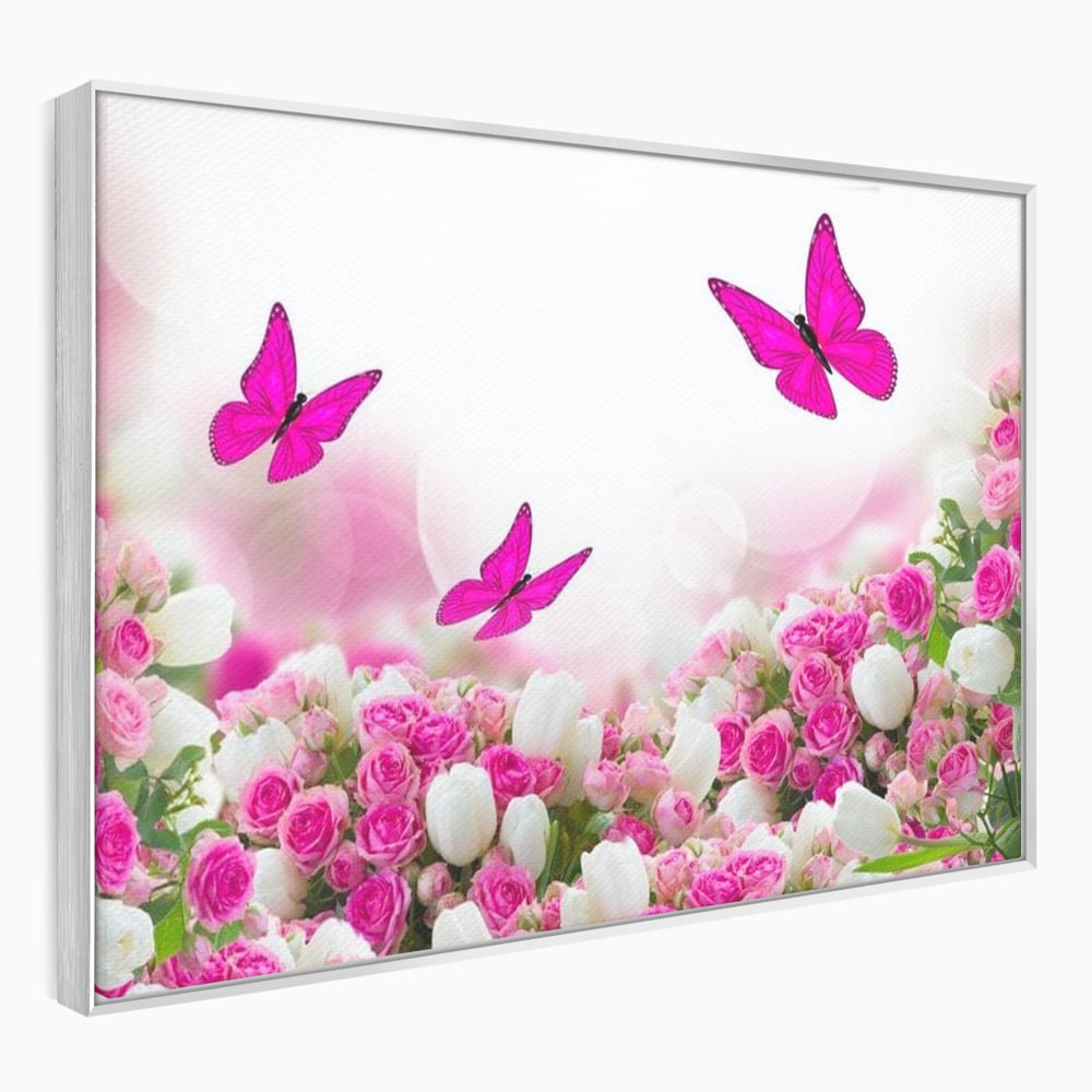 Tablou canvas cu tablou canvas cu trandafiri roz si fluturi, in rama de aluminiu argintiu