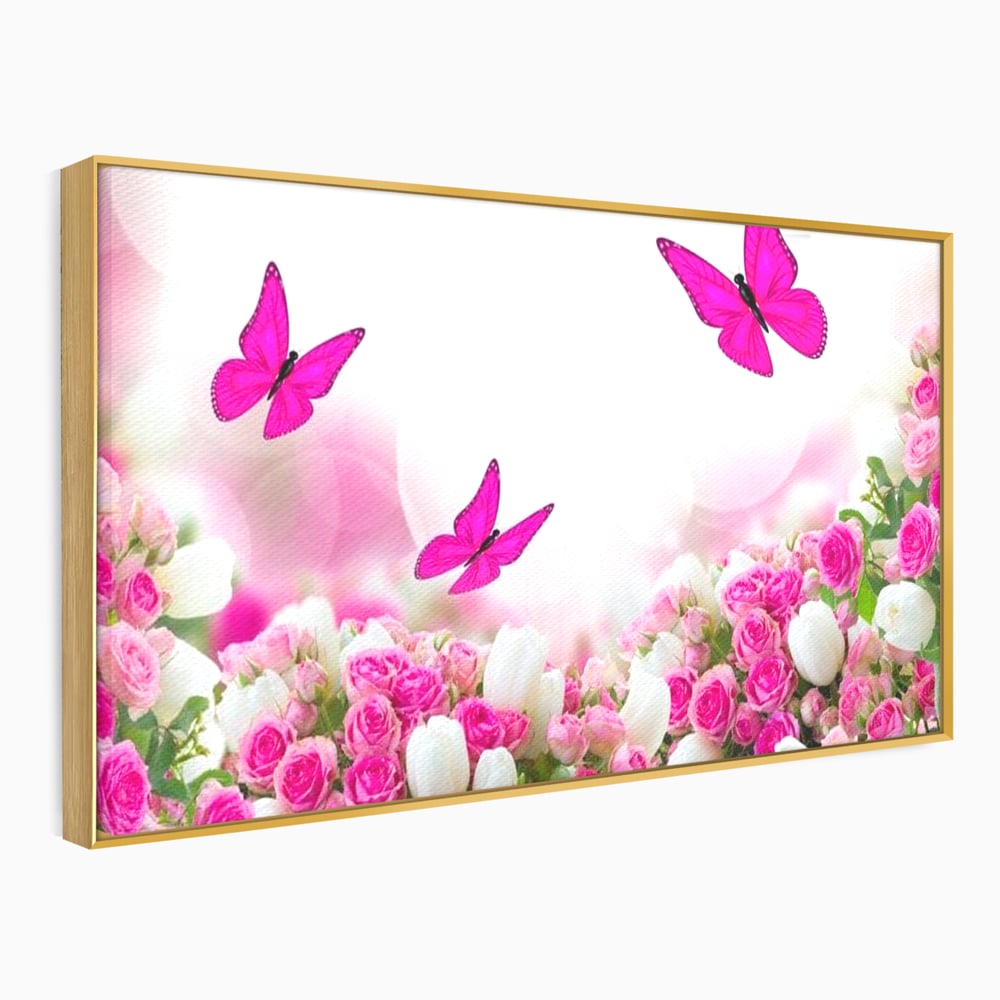 Tablou canvas cu tablou canvas cu trandafiri roz si fluturi, in rama de aluminiu auriu