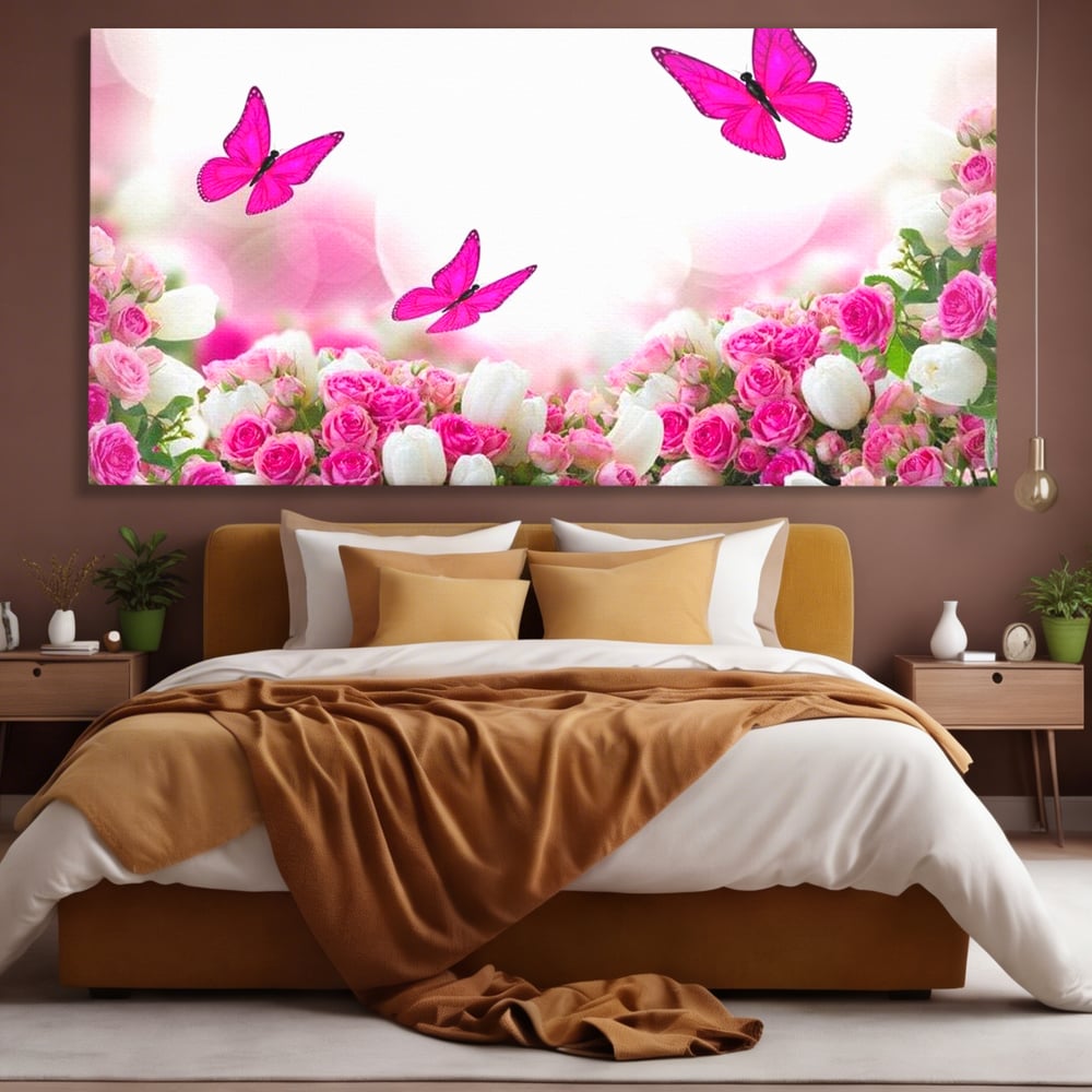 Tablou canvas cu tablou canvas cu trandafiri roz si fluturi, fara rama, pe sasiu de lemn, pe perete intr-un dormitor
