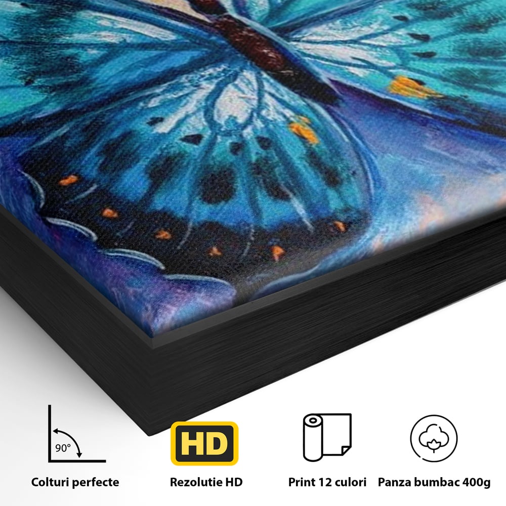 Detaliu al suprafetei: tablou canvas cu fluture albastru, in rama de aluminiu negru