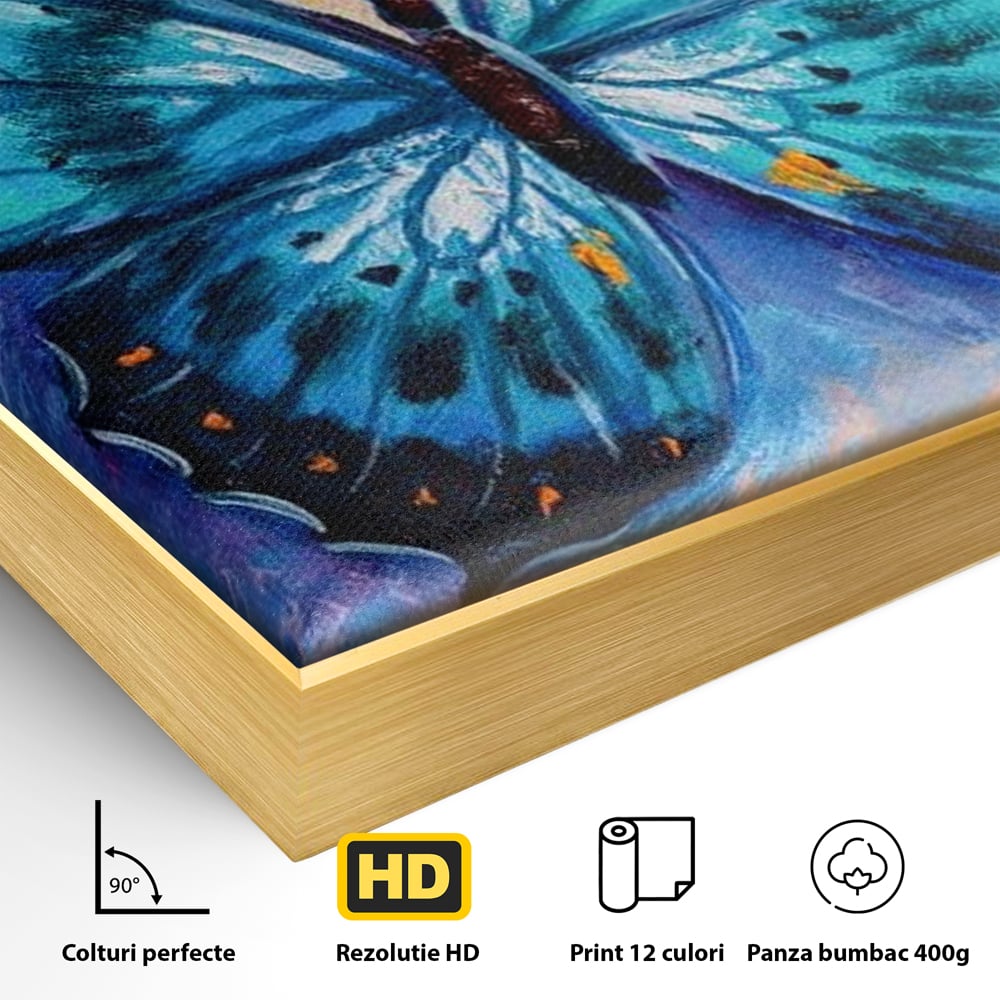 Detaliu al suprafetei: tablou canvas cu fluture albastru, in rama de aluminiu auriu