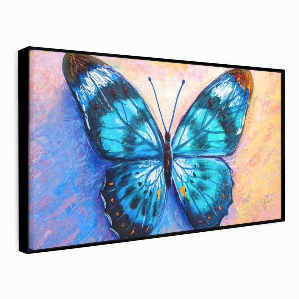Tablou canvas cu tablou canvas cu fluture albastru, in rama de aluminiu negru