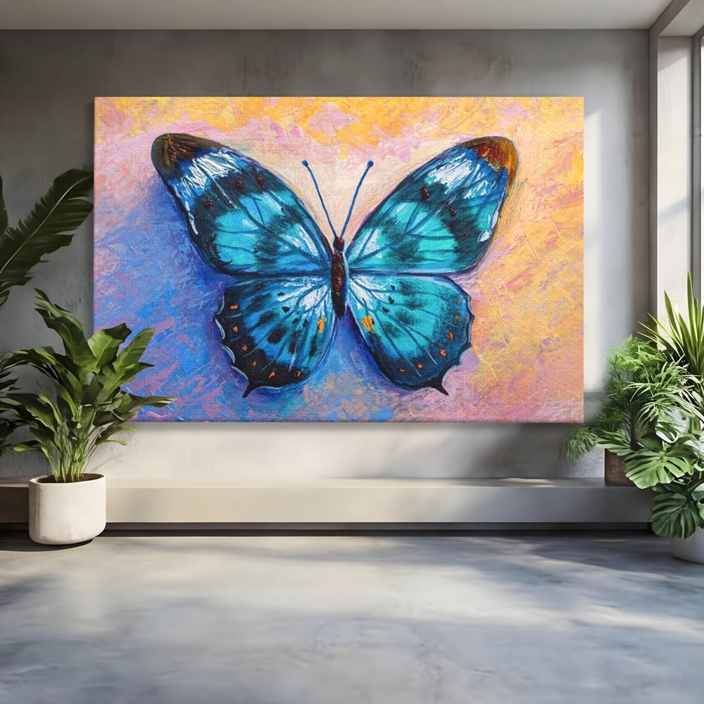 Tablou canvas cu tablou canvas cu fluture albastru, fara rama, pe sasiu de lemn