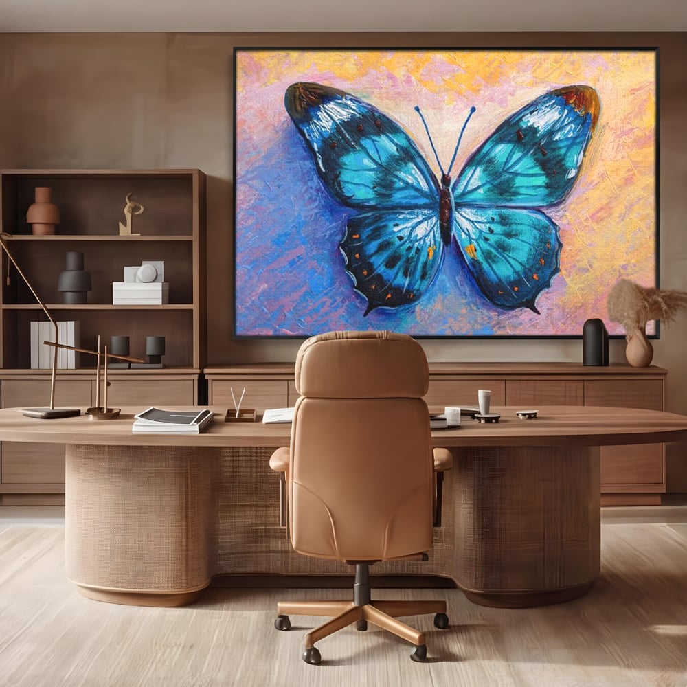 Tablou canvas cu tablou canvas cu fluture albastru, in rama de aluminiu negru, pe perete intr-un birou