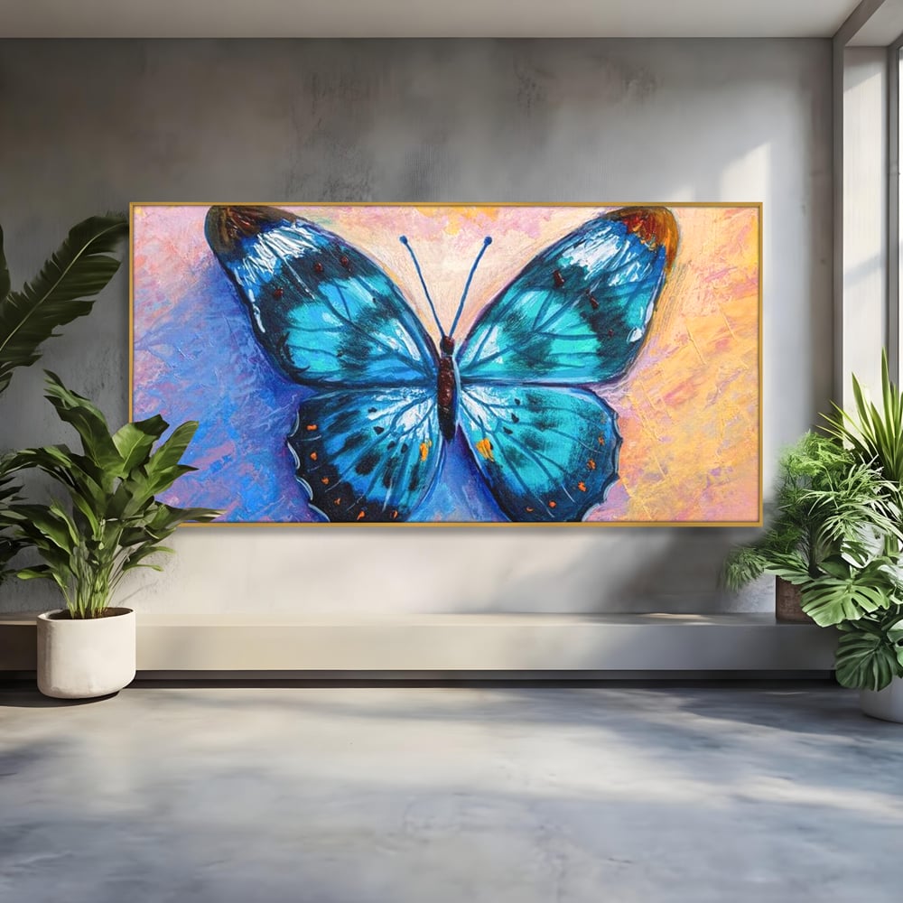 Tablou canvas cu tablou canvas cu fluture albastru, in rama de aluminiu auriu