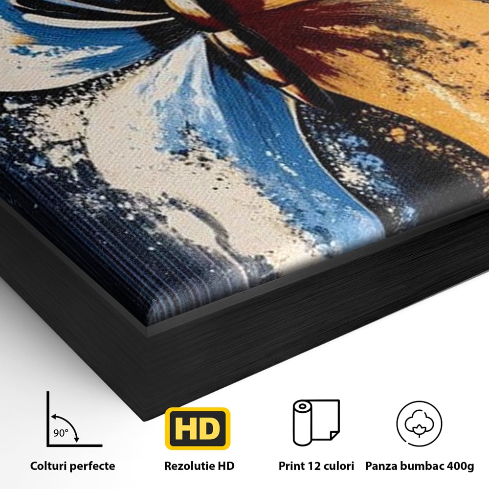 Detaliu al suprafetei: tablou canvas cu fluture simetric, in rama de aluminiu negru