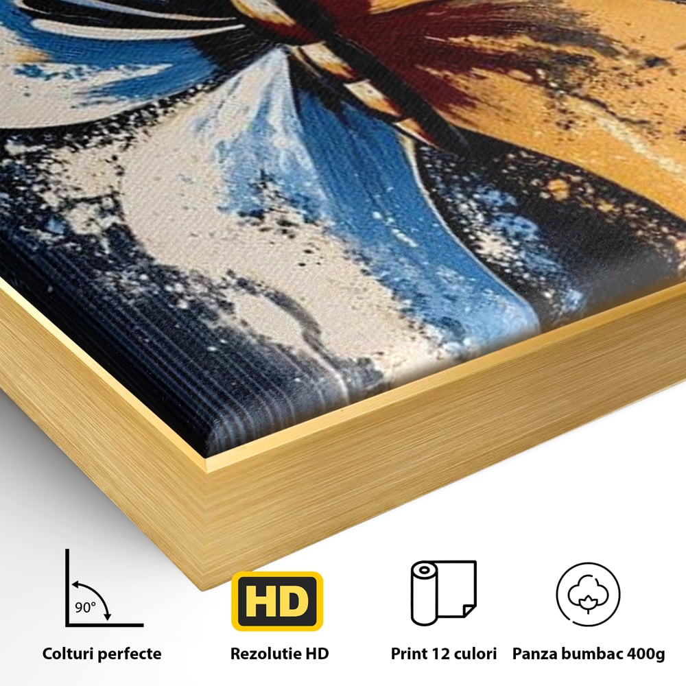 Detaliu al suprafetei: tablou canvas cu fluture simetric, in rama de aluminiu auriu