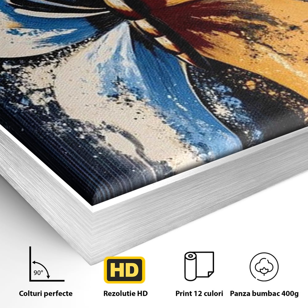 Detaliu al suprafetei: tablou canvas cu fluture simetric, in rama de aluminiu argintiu