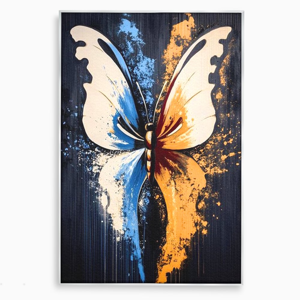 Tablou canvas cu tablou canvas cu fluture simetric, in rama de aluminiu argintiu