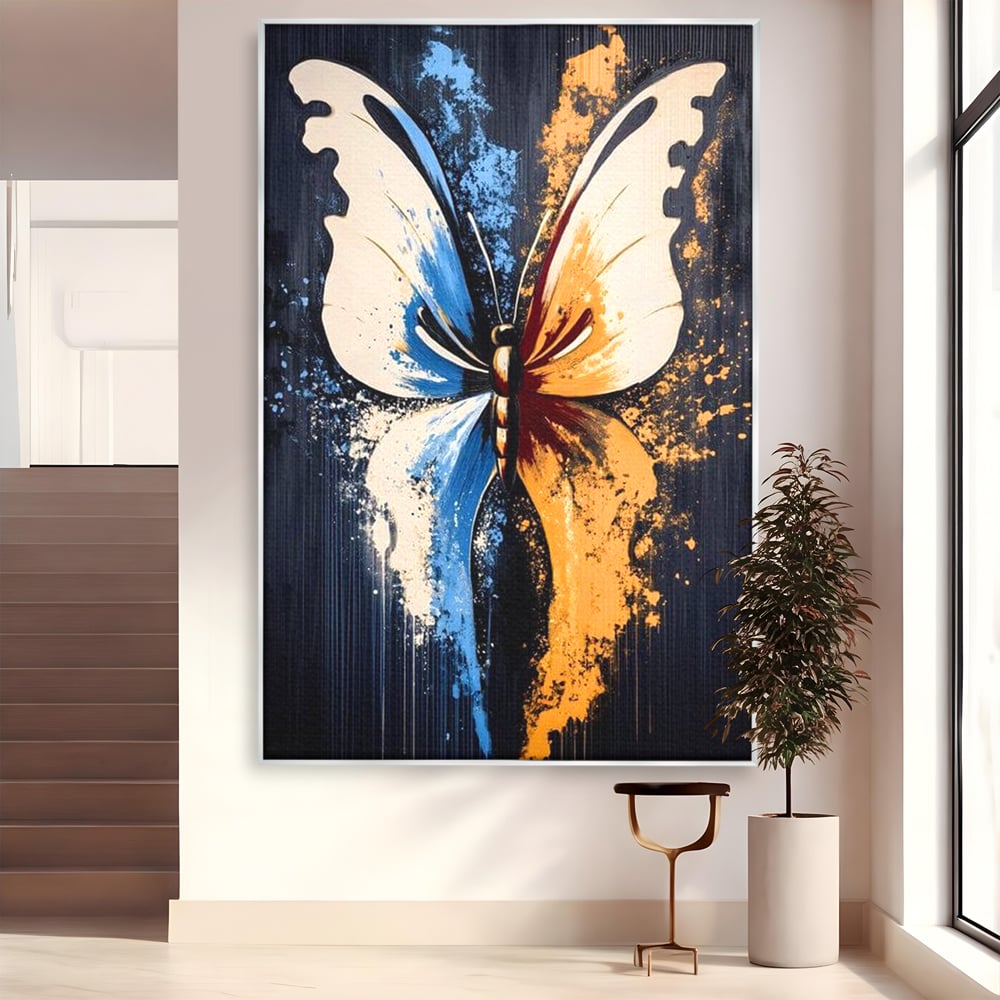 Tablou canvas cu tablou canvas cu fluture simetric, in rama de aluminiu argintiu