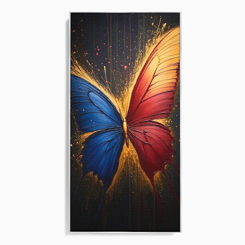 Tablou canvas cu tablou canvas cu fluture colorat, in rama de aluminiu argintiu