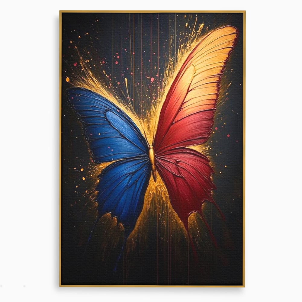 Tablou canvas cu tablou canvas cu fluture colorat, in rama de aluminiu auriu