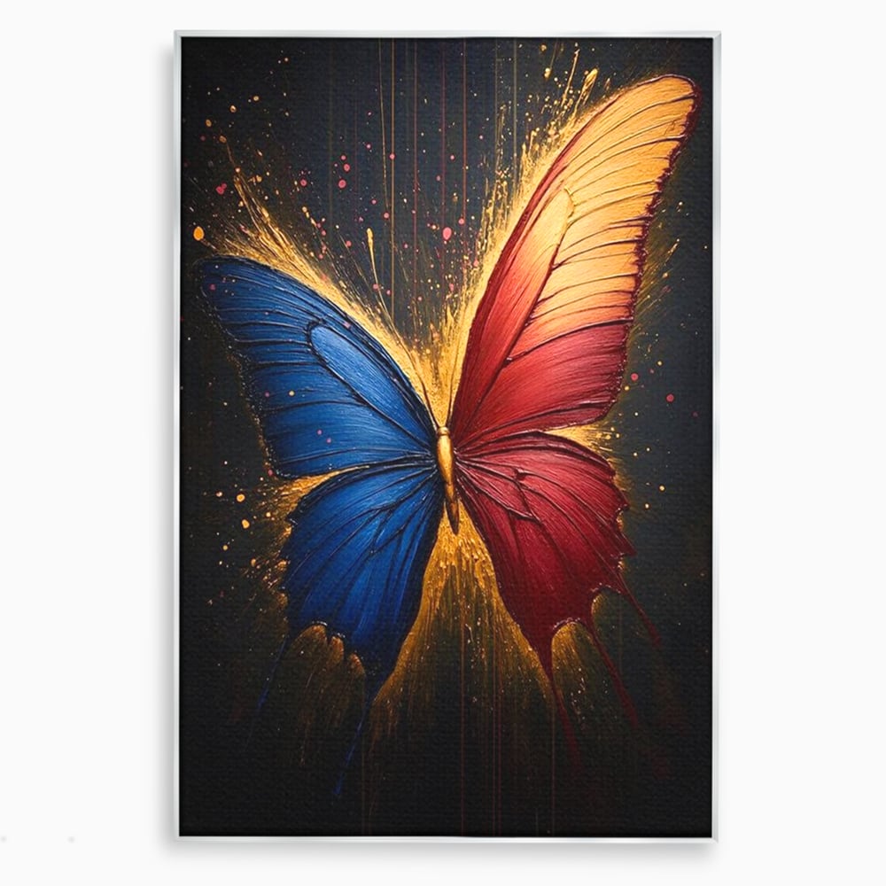 Tablou canvas cu tablou canvas cu fluture colorat, in rama de aluminiu argintiu