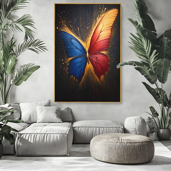 Tablou canvas cu tablou canvas cu fluture colorat, in rama de aluminiu auriu, pe perete intr-un living