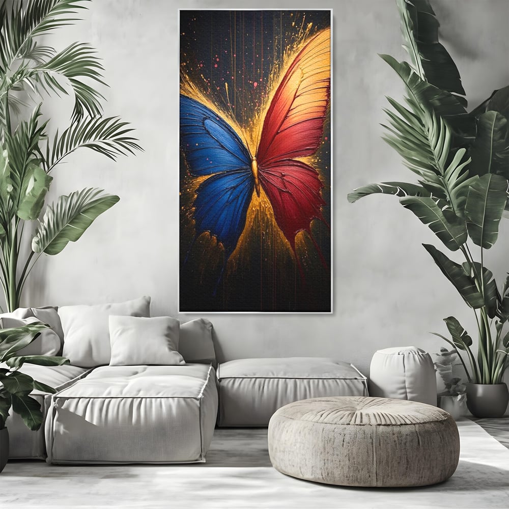 Tablou canvas cu tablou canvas cu fluture colorat, in rama de aluminiu argintiu, pe perete intr-un living