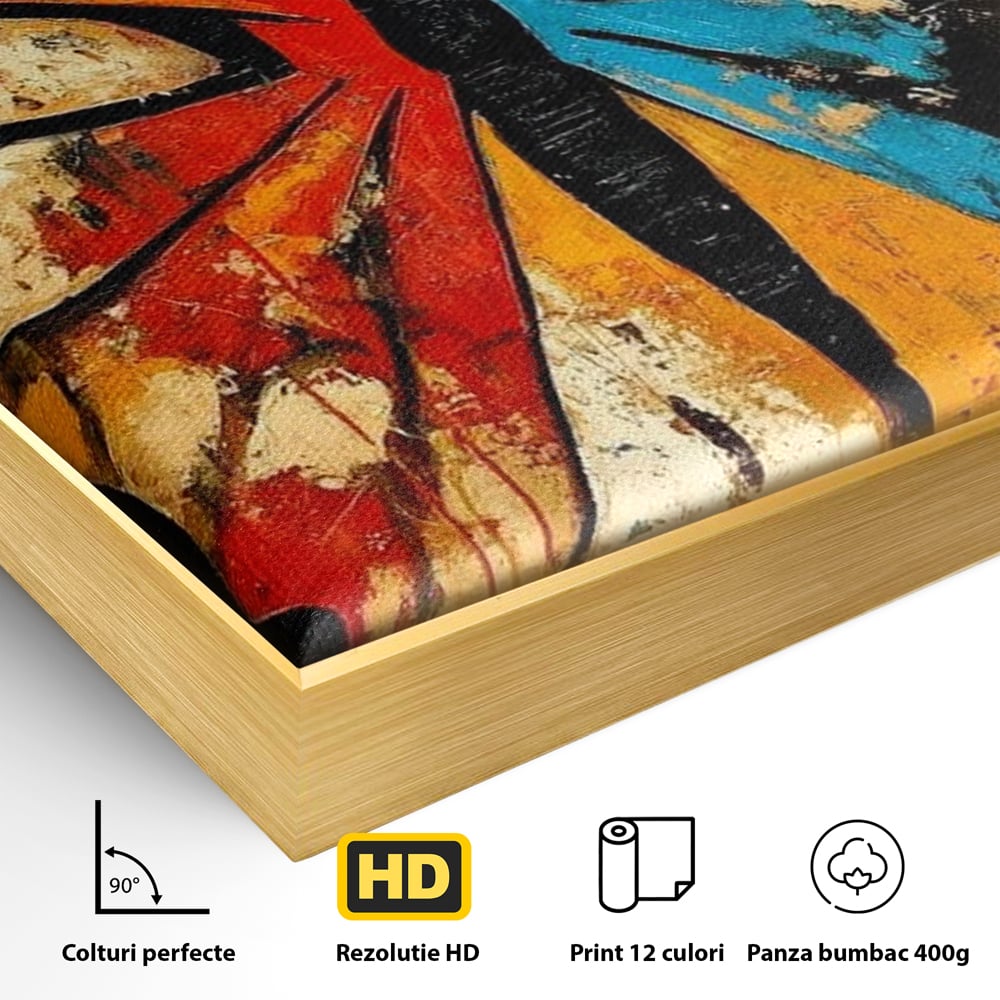 Detaliu al suprafetei: tablou canvas cu fluture stilizat in culori vii, in rama de aluminiu auriu