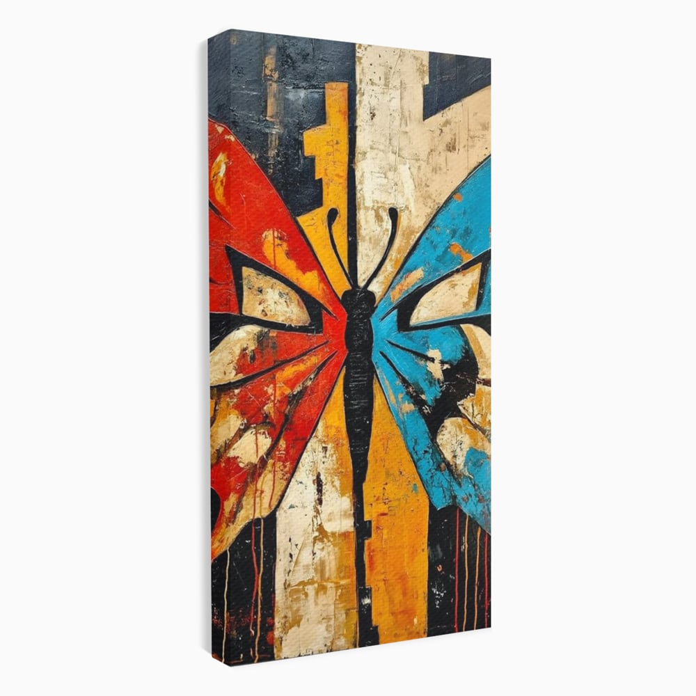 Tablou canvas cu tablou canvas cu fluture stilizat in culori vii, fara rama, pe sasiu de lemn