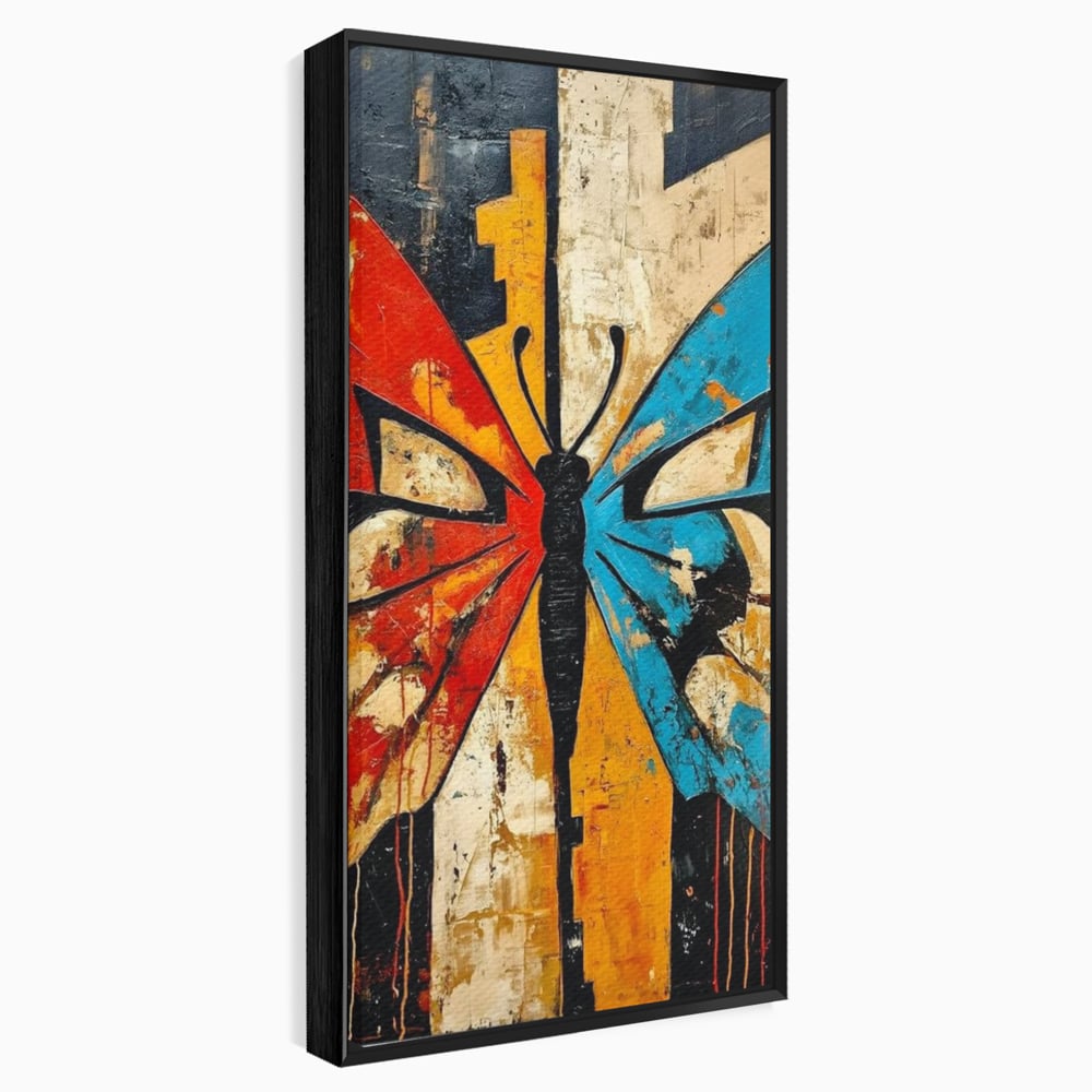Tablou canvas cu tablou canvas cu fluture stilizat in culori vii, in rama de aluminiu negru