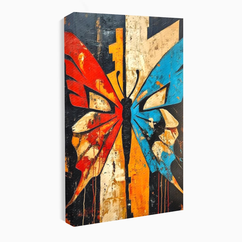 Tablou canvas cu tablou canvas cu fluture stilizat in culori vii, fara rama, pe sasiu de lemn